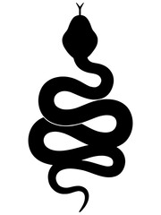 Simple vector illustration of a snake in a coiled posture, featuring a smooth, minimal black silhouette with subtle curves and white highlights, ideal for icons or tattoos.
