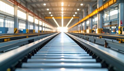 Industrial Conveyor System in Modern Warehouse with Bright Lighting