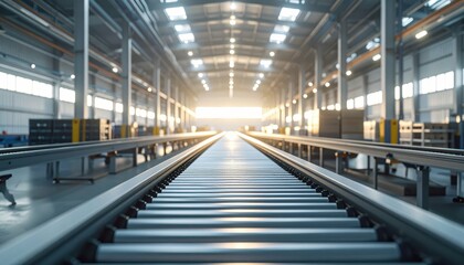 Industrial Conveyor System in Modern Warehouse at Sunset Light