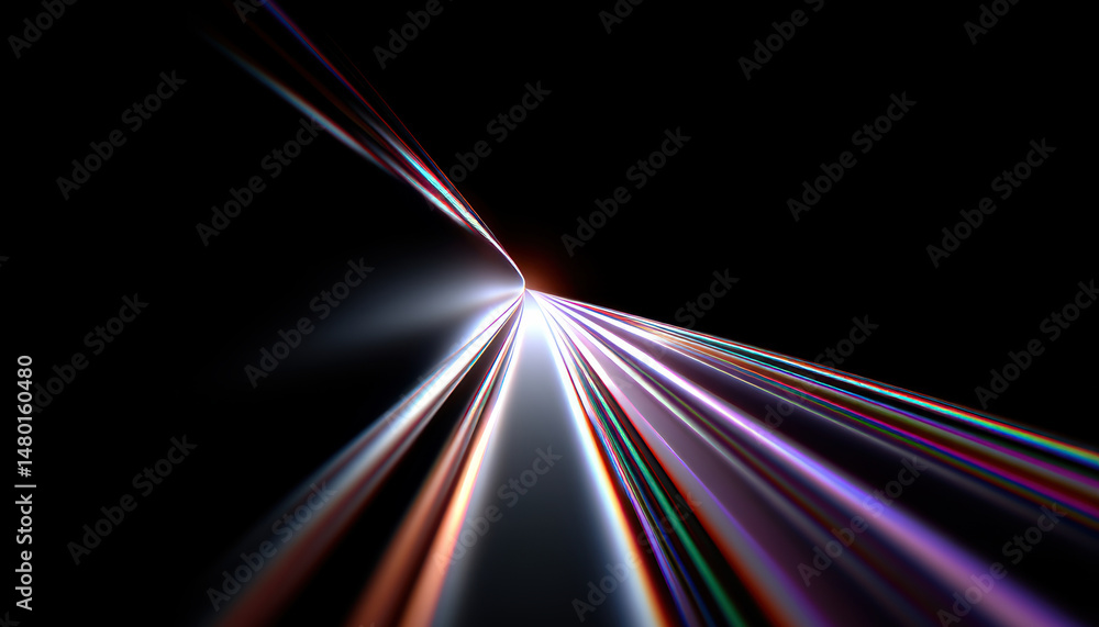 Poster abstract image of colorful light beams converging into a vanishing point on a black background.