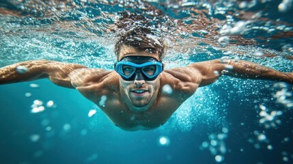 Fototapeta premium Athletic Man Swimming Underwater with Goggles in Clear Blue Water, Fitness and Leisure Scene Captured in Action