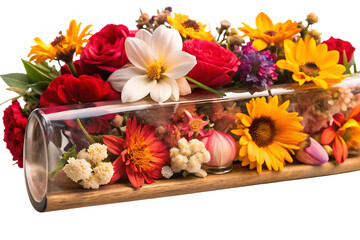 Obraz premium Horizontal glass vase filled with various flowers including roses sunflowers and white dahlias
