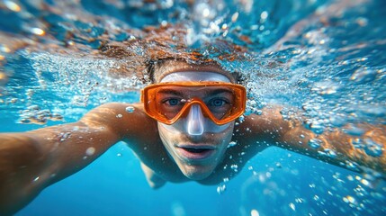 Naklejka premium Young Man Swimming Underwater with Orange Goggles and Bubbles in Clear Blue Water
