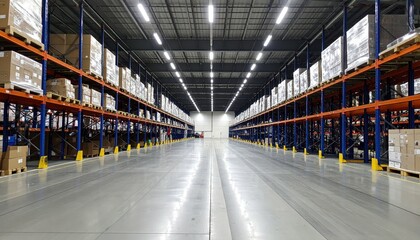 Obraz premium Spacious and Organized Warehouse Aisle with Stacked Boxes and Shelves
