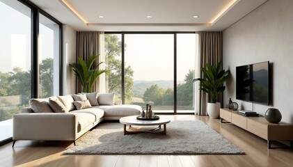 Modern minimalist living room with large window, natural light, and stylish furniture , spacious, home