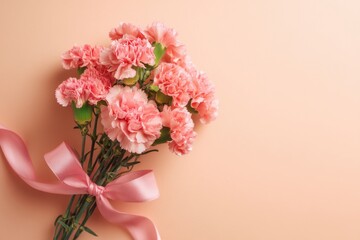 Fototapeta premium Pink Carnation Bouquet with Pink Ribbon: Elegant Floral Still Life