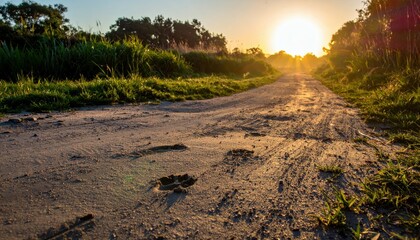 Serene Sunset Over Dusty Path with Animal Tracks in Nature