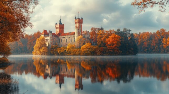 Autumnal castle reflecting on a serene lake. Towering castle stands on an island amidst fall foliage, mirrored perfectly in the still water. Golden hour light bathes the scene