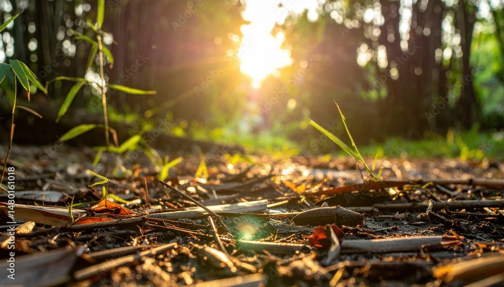 Poster sunlight filtering through forest floor at dawn with lush greenery