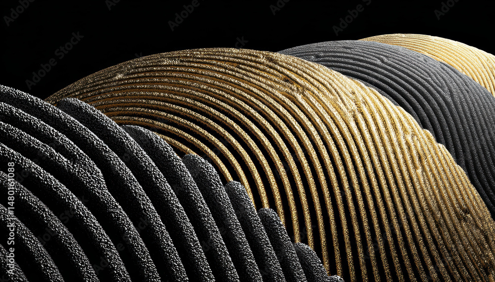 Poster abstract close-up of curved, textured lines creating a pattern of gold and black waves with dramatic