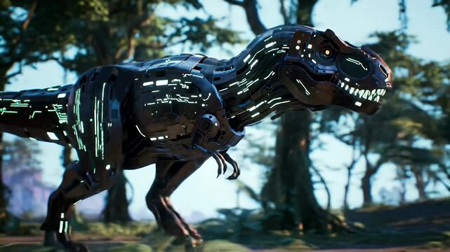 Robotic dinosaur in a neon-lit sci-fi world, glowing circuits along its metallic body.