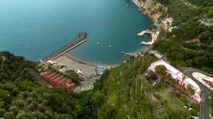 Aerial view of Vico Equense beach, located in Sorrento Coast, in the province of Naples, Campania,...
