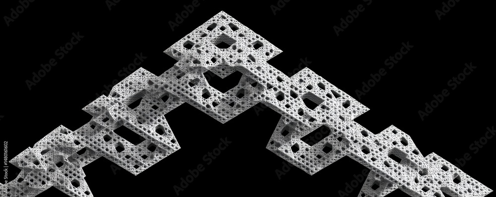 Poster a repeating geometric fractal structure with intricate, lattice-like patterns set against a black ba
