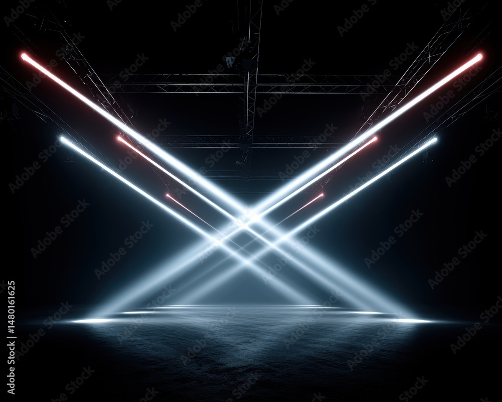 Poster four bright beams of light cross dramatically in a dark, empty space, creating an x-shaped effect on