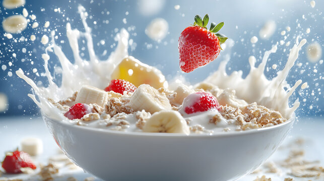 plato o tazon de cereal con leche y con fruta como fresa y platano con leche salpicando por el fondo comida deliciosa para el desayuno o cena