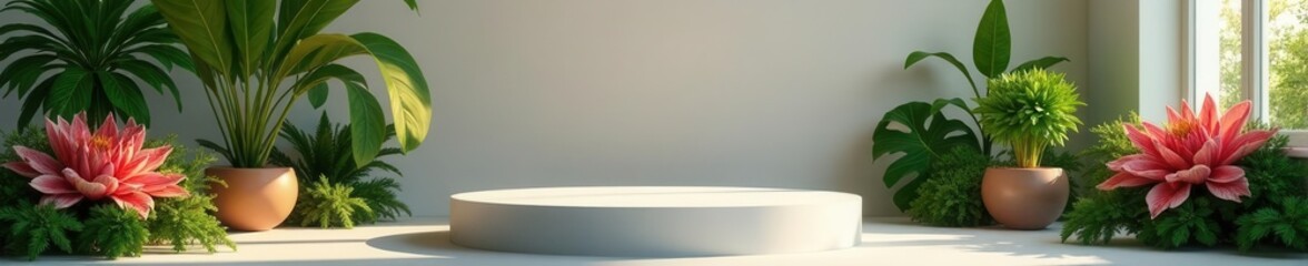 Fototapeta premium Clean product presentation, minimalist podium with vibrant plants, stone, texture, nature