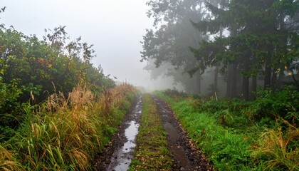 Fototapeta premium Pathway Through Misty Forest with Wet Ground and Lush Vegetation