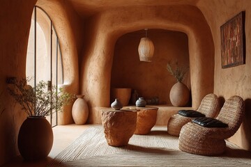 Cozy and rustic interior design of an earthy-toned living room with natural decor elements