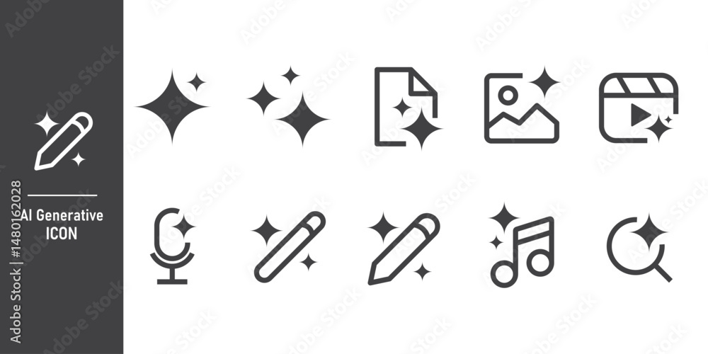 Poster Icon set of generated AI user interface. Creating images, videos, audio, search and data by AI. Media icon with AI star. Artificial intelligence symbol element for apps and web. Vector illustration.