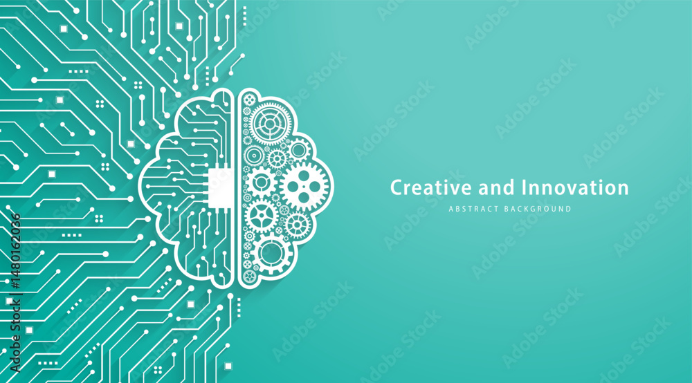 Poster Concept of Artificial Intelligence. Gears with a brain shape and digital brain on a circuit background. Innovation in the future. AI; big data; deep learning; and engineering.Vector illustration.