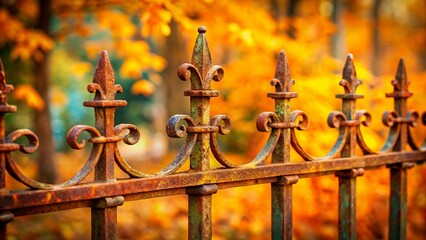 Rusty Metal Fence with Cross Finials, Autumn Background - Stock Photo