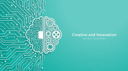 Concept of Artificial Intelligence. Gears with a brain shape and digital brain on a circuit background. Innovation in the future. AI; big data; deep learning; and engineering.Vector illustration.