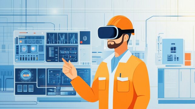 Engineer in Virtual Reality Headset with High-Tech Background
