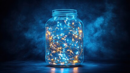 Enchanting Glass Jar Filled with Warm White and Blue Fairy Lights Against a Dark Background