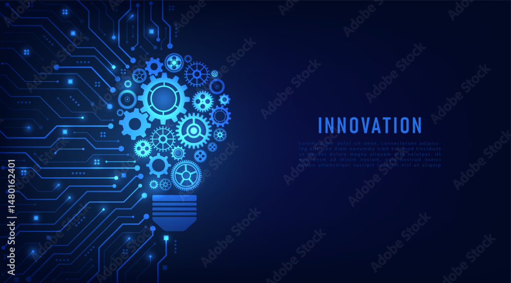 Aufkleber Concept of Innovation and Idea. Gears with a light bulb shape on a circuit board in a futuristic blue background. Innovation in the future. AI big data and deep learning.Vector illustration.