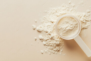 Protein powder scoop beige background healthy nutrition supplement fitness
