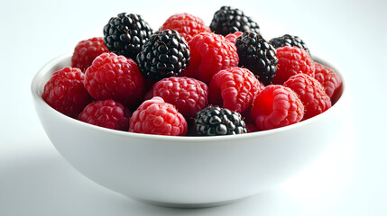 un plato con frambuesas y zarzamoras frescas sobre un fondo blanco con espacio de copia comida fe fruta saludable colores llamativos vitaminas 