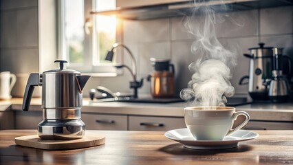 Coffee maker on kitchen counter with steaming cup and saucer, home decor, breakfast,  home decor, breakfast