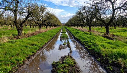 Obraz premium Serene Orchard Landscape with Muddy Pathway and Reflections