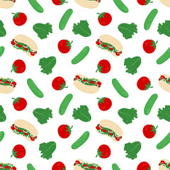Hand-drawn seamless pattern with hot dog, cucumber, tomato, and lettuce on white background. Perfect for food packaging, menus, textiles, and summer designs.