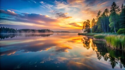 Obraz premium Serene Lakeside Dusk: Smoke Drifting Over Calm Waters - Stock Photo