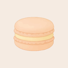 A soft and delicate peach-colored macaron with a smooth, glossy exterior, filled with a creamy yellow filling, offering a perfect blend of sweetness and elegance in every bite
