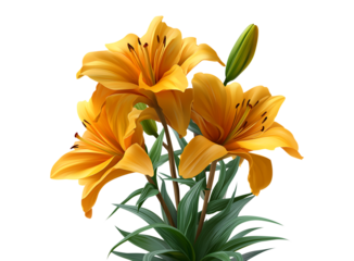 A bunch of light orange, slightly grotesque lilies in a clipart style, isolated on a transparent background