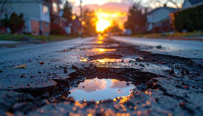 Fototapeta premium Sunset Reflection in Pothole on a Residential Street at Dusk