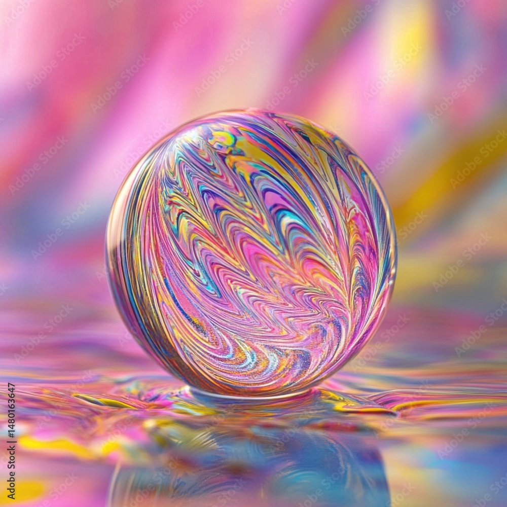 Poster abstract art macro shot of iridescent sphere with colorful swirls on reflective surface studio shot