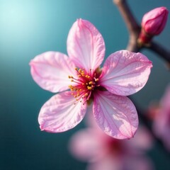 Obraz premium Close-up of single cherry blossom, showcasing its intricate petals and vibrant color , bud, single flower, detail