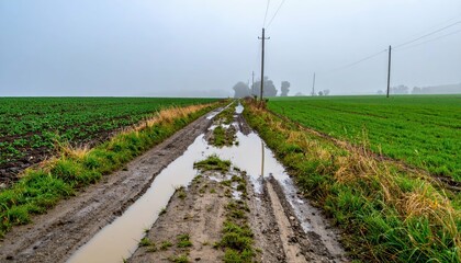 Fototapeta premium Muddy Country Road Through Green Fields on a Overcast Day