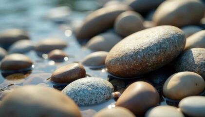 Close-up of soft, textured riverbed stones, smooth pebbles, natural arrangement, river, water