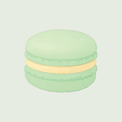 A fresh green macaron with a smooth and soft texture, filled with a creamy yellow filling, making it a delicate and elegant dessert perfect for any occasion