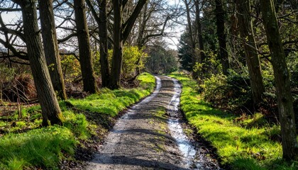 Fototapeta premium Serene Pathway Through Lush Forest with Sunlight and Reflection