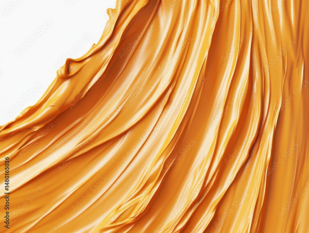 Poster golden fabric flowing abstract close up shot with smooth texture and elegant drapes on white backgro
