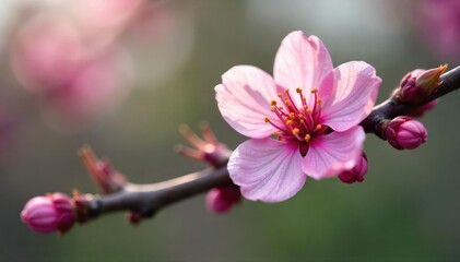 Obraz premium Delicate pink blossoms unfurl on a budding branch , plant, fresh