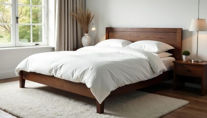 Dark wood frame king bed, crisp white linens, simple decor, sleep, home