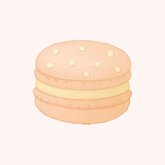 A delightful peach-colored macaron with a smooth, soft texture, featuring a creamy filling and delicate white sprinkles on top, making it a perfect treat for sweet indulgence