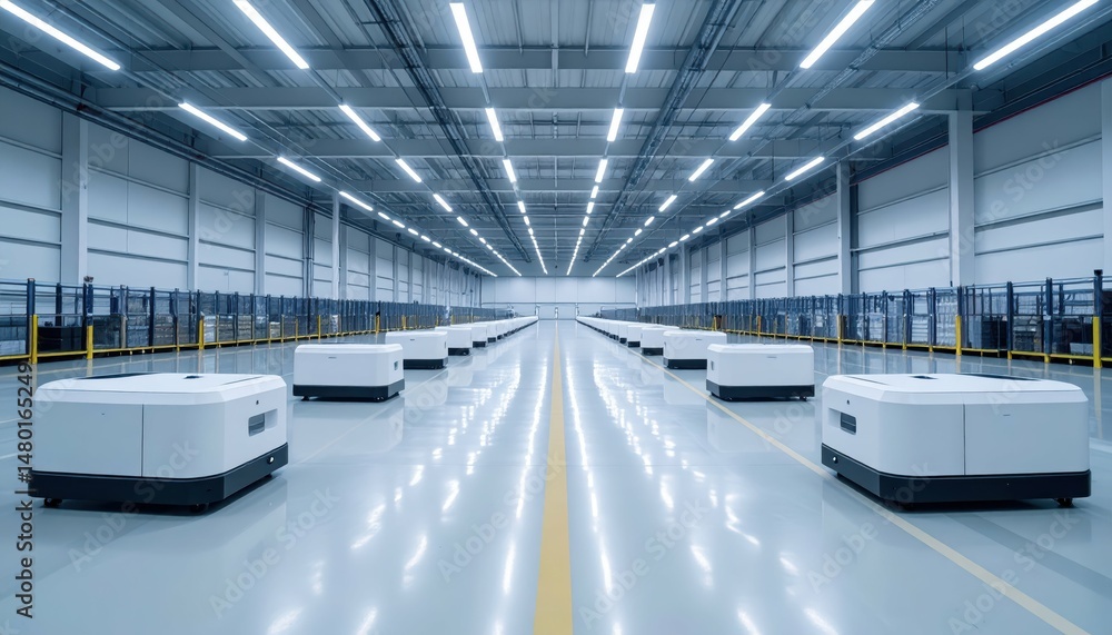 Poster automated robots in modern warehouse with sleek industrial design