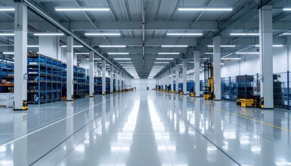 Spacious Modern Warehouse Interior with Bright Lighting and Shelving
